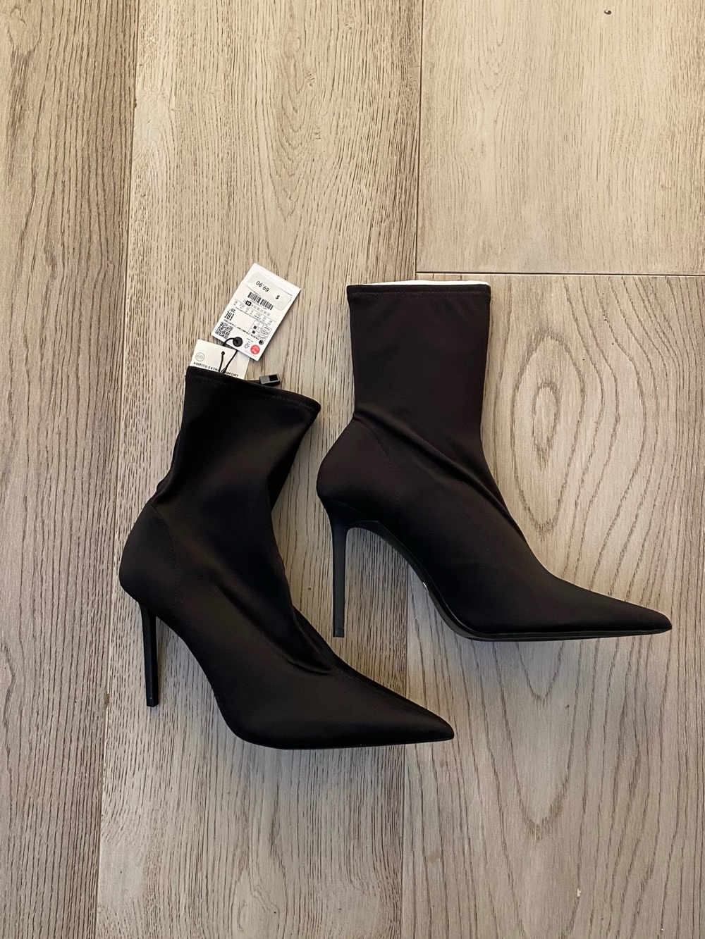 NWT Zara Black Stretch Sock Ankle Boots Pointed Toe Stiletto Heel Size 10